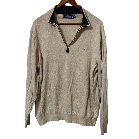 Vineyard Vines Mens Tan Quarter Zip Pullover Sweater Size L Cotton Whale‎ Logo - Picture 2 of 6